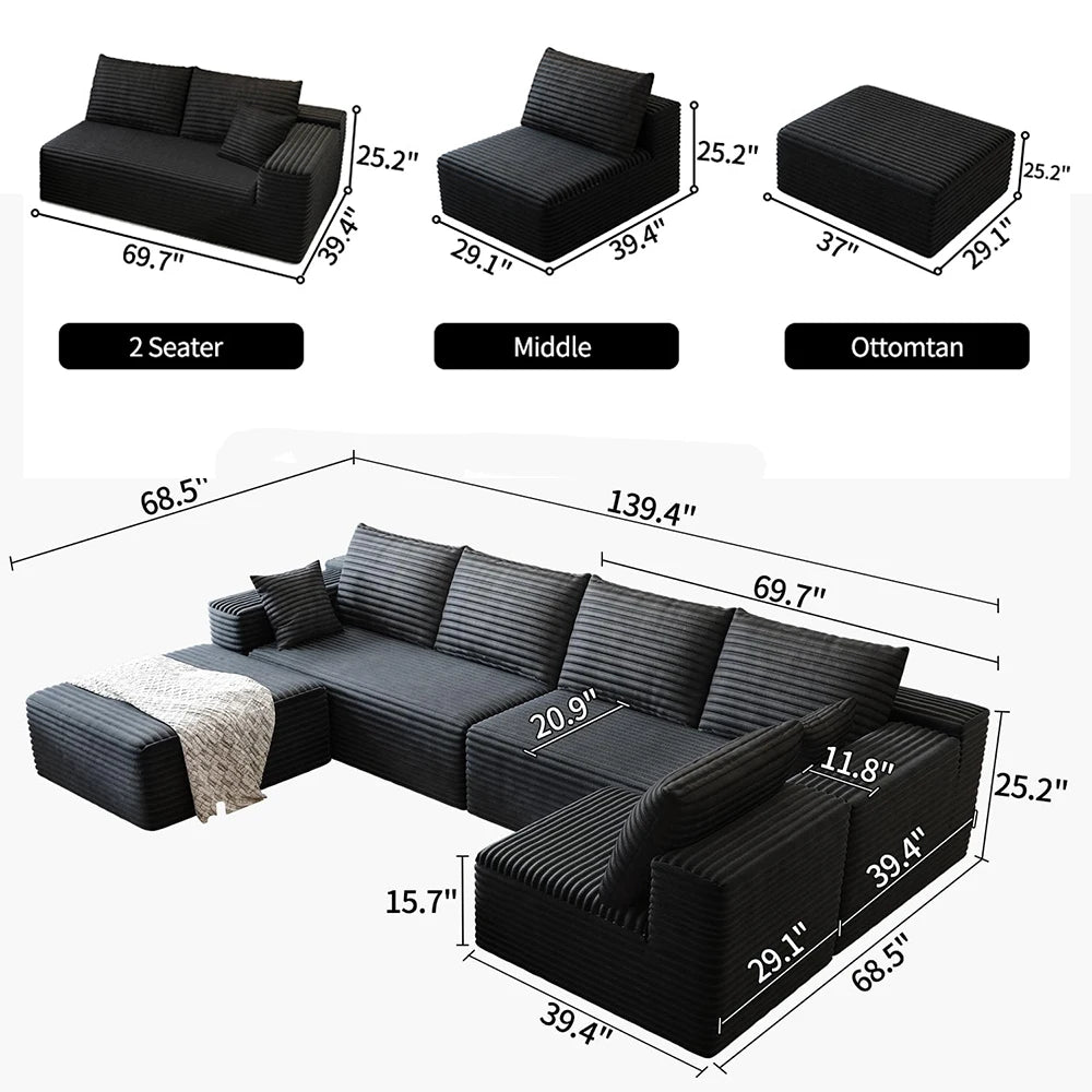 YQXH Cloud Style Corduroy Modular Sectional Sofa Cushions Memory Foam