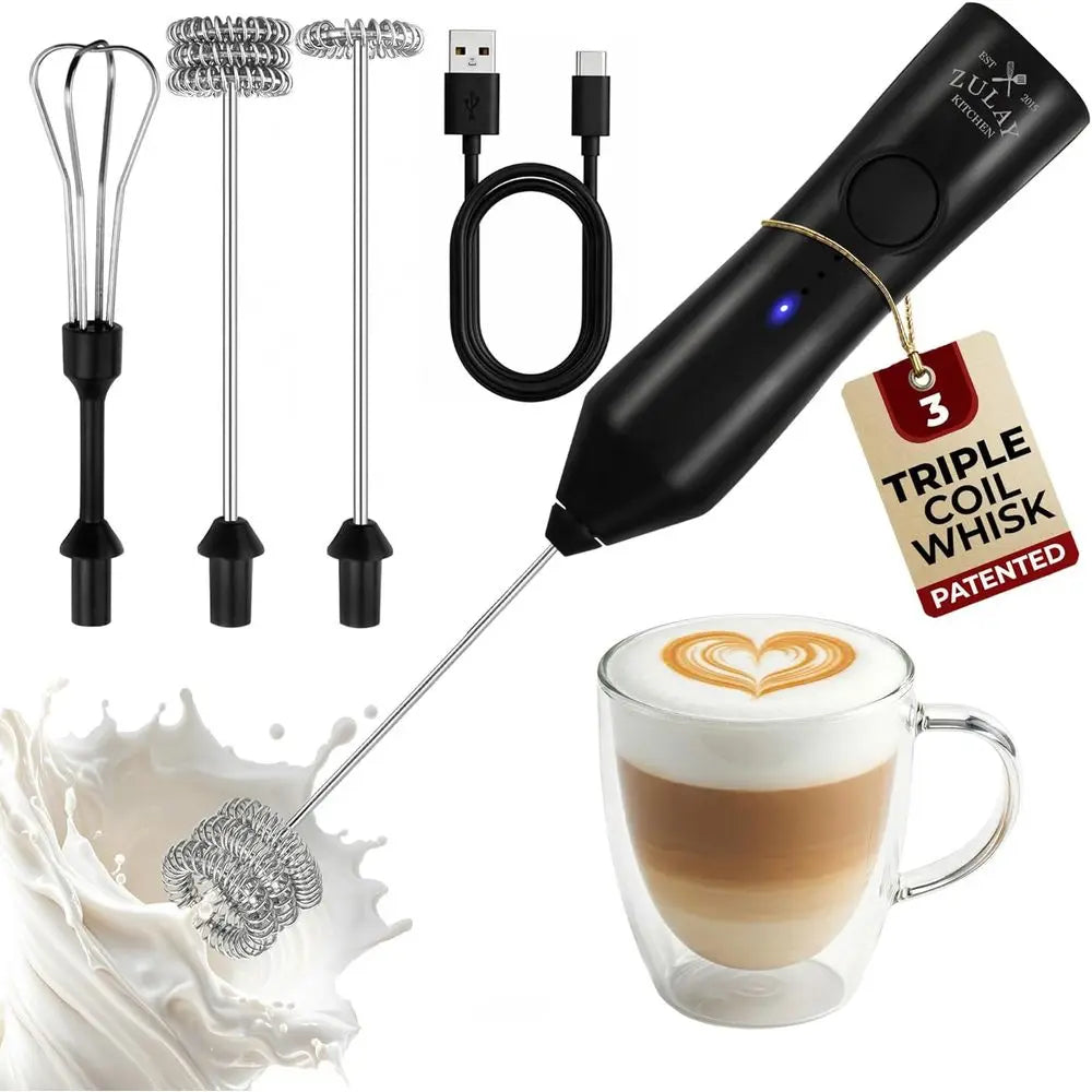 Rechargeable Handheld Milk Frother Wand, Drink Mixer, Electric Whisk, Great for Lattes, Matcha & Protein Powder - 3 Whisks, 3 Sp