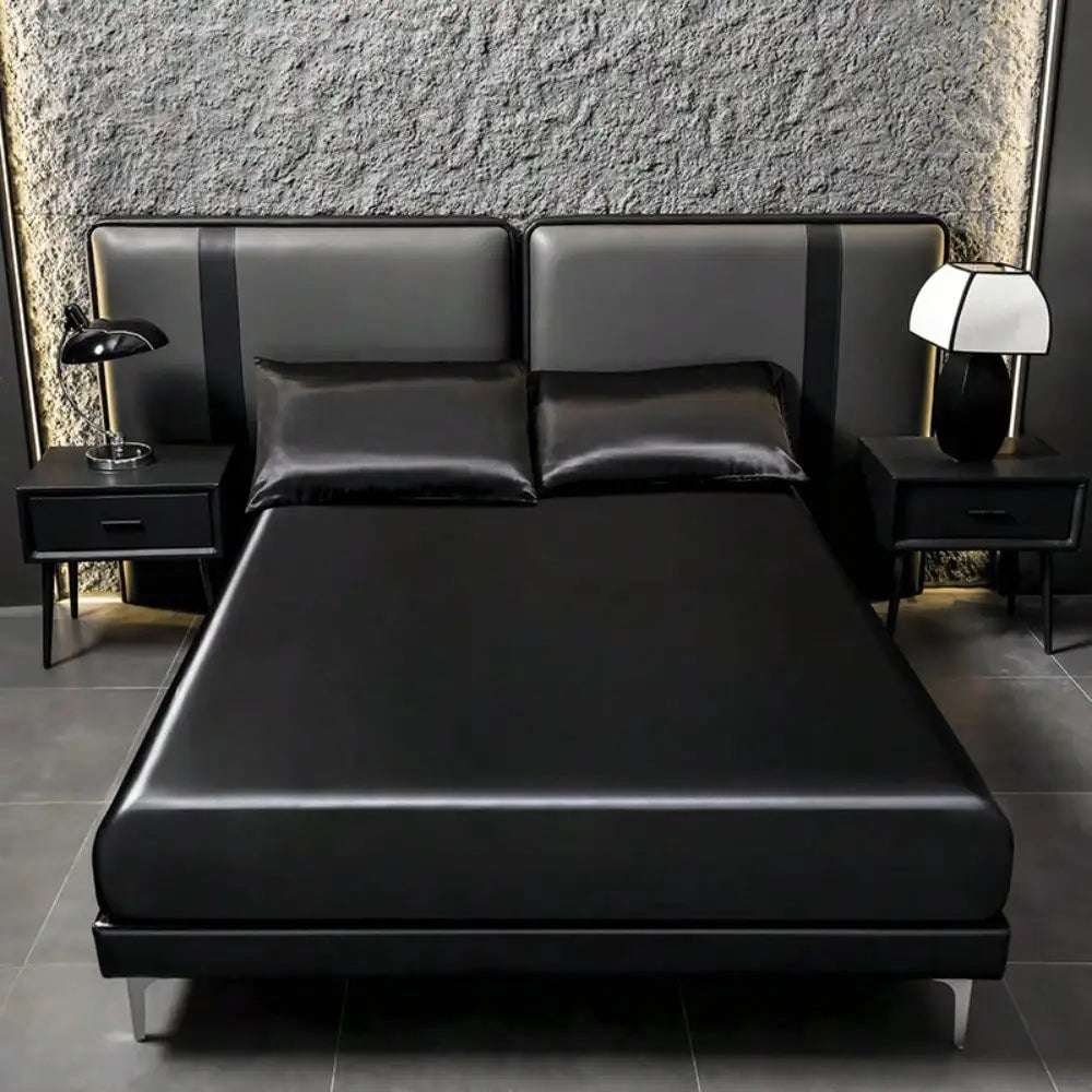 Luxurious Solid Silky Satin Fitted Sheet Set With Pillowcases