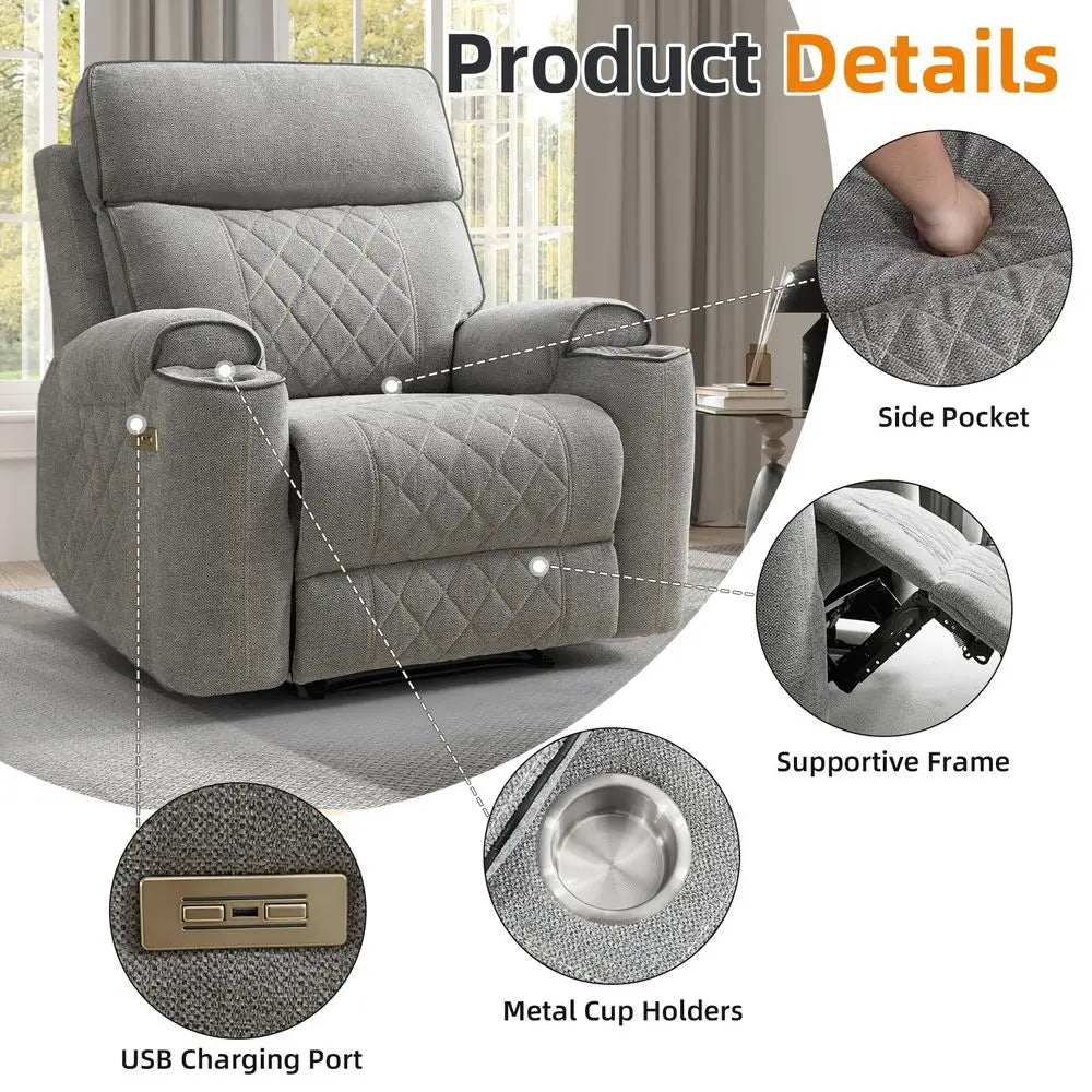 Power Recliner Chair, Electric Fabric Reclining Sofa with Cup Holders, USB TypeC Charging Ports, for Small Living Room, Bedroom