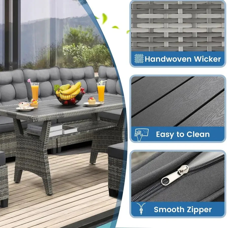 Patio Furniture Set, Outdoor Sectional Sofa with Dining Table amp Chairs, AllWeather Dining Set with Removable Cushion Covers,