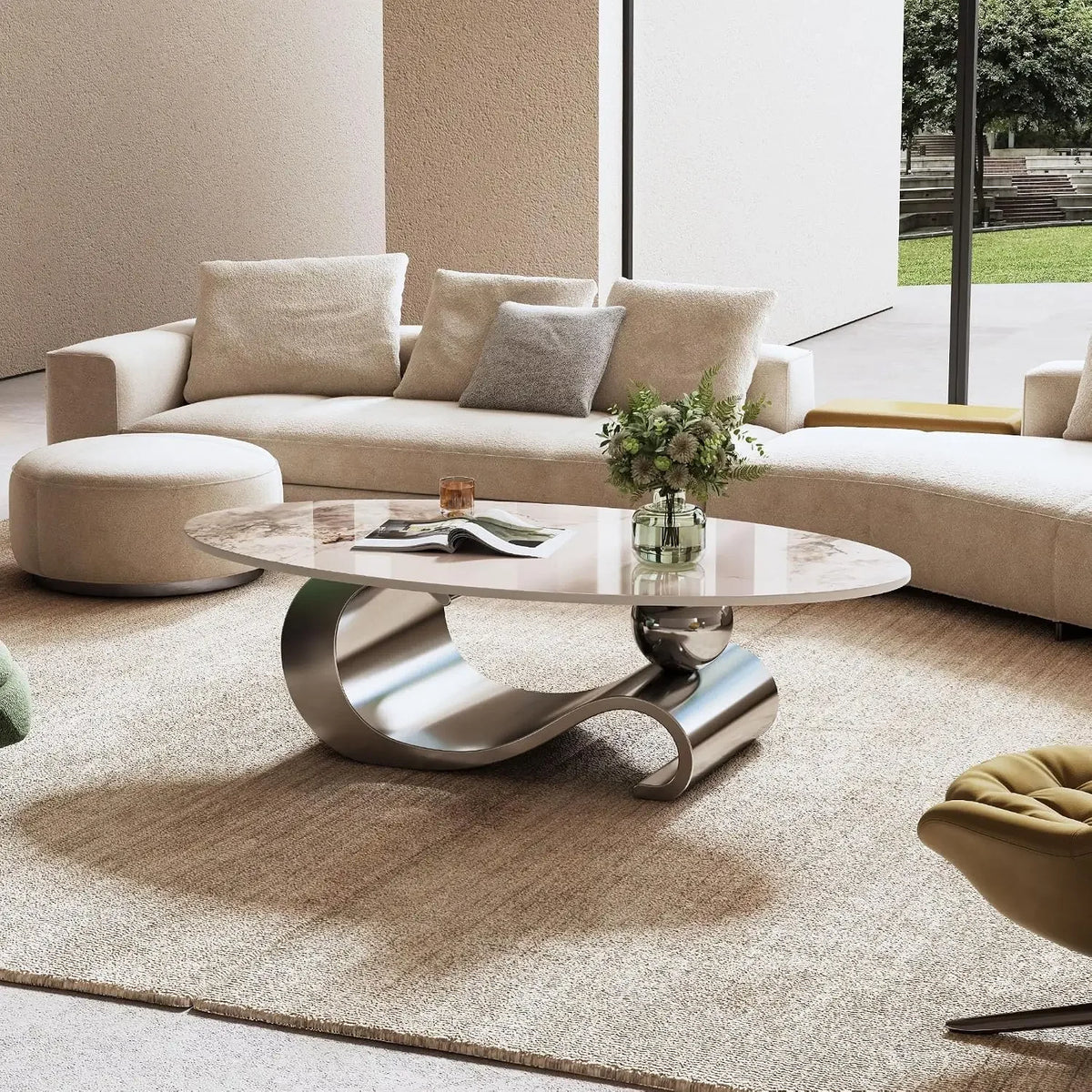 Modern Oval Coffee Table with Sintered Stone Marble Pattern Top