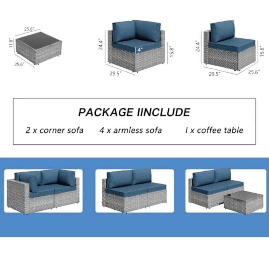 Outdoor patio furniture sets: gray PE wicker modular sectional sofa with washable cushions, Aegean blue accents, weather-resist