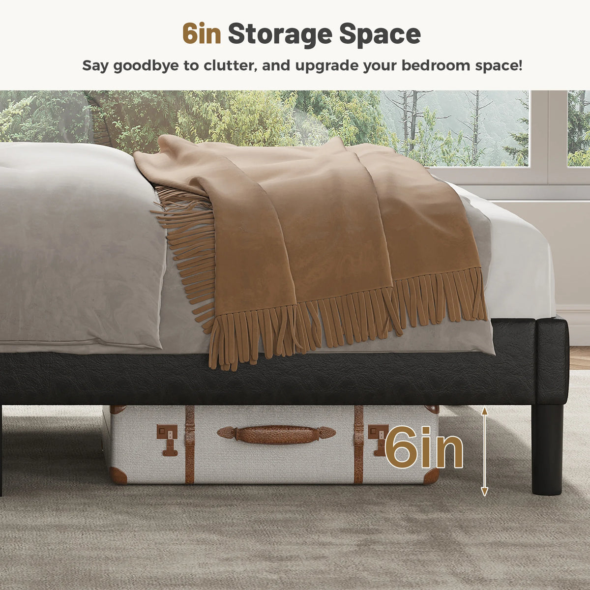 MCQ Wooden Bed Frame with PU Leather Wingback Headboard No Box Spring Needed with Sturdy Wooden Slats Support Upholstered Mattress Foundation For Home Bedroom