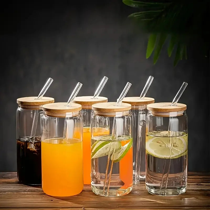 Six Piece Glass Drinking Set With Bamboo Lids And Straws
