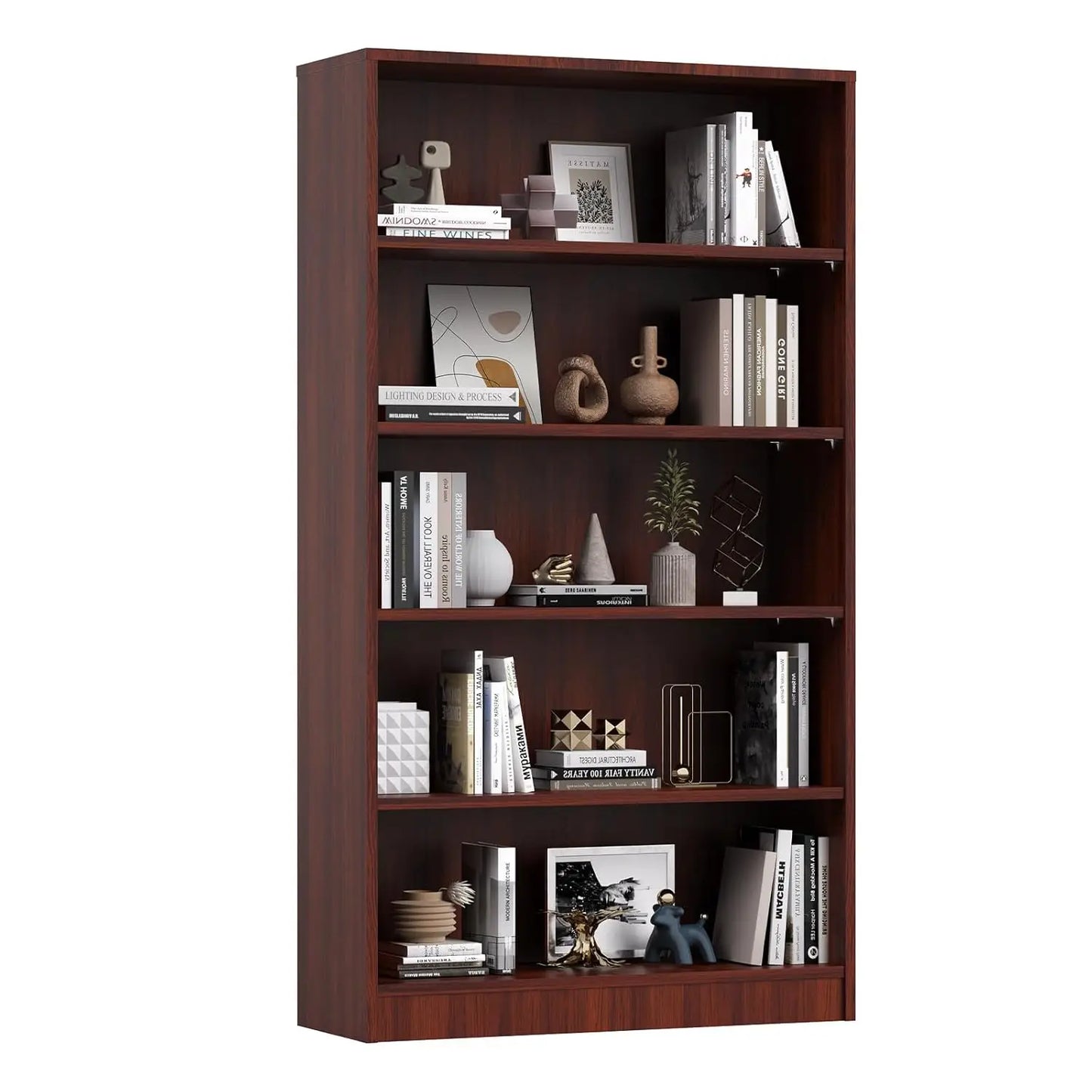 Engineered Wood Five Shelf Bookcase Featuring Adjustable Storage Organizer