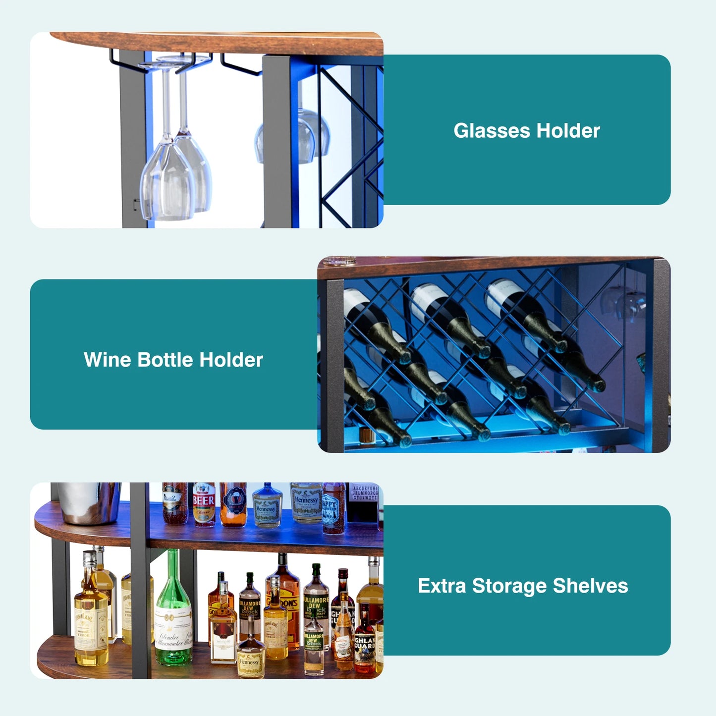 LED Home Bar Cabinet With Charging Station And Glassware Holder