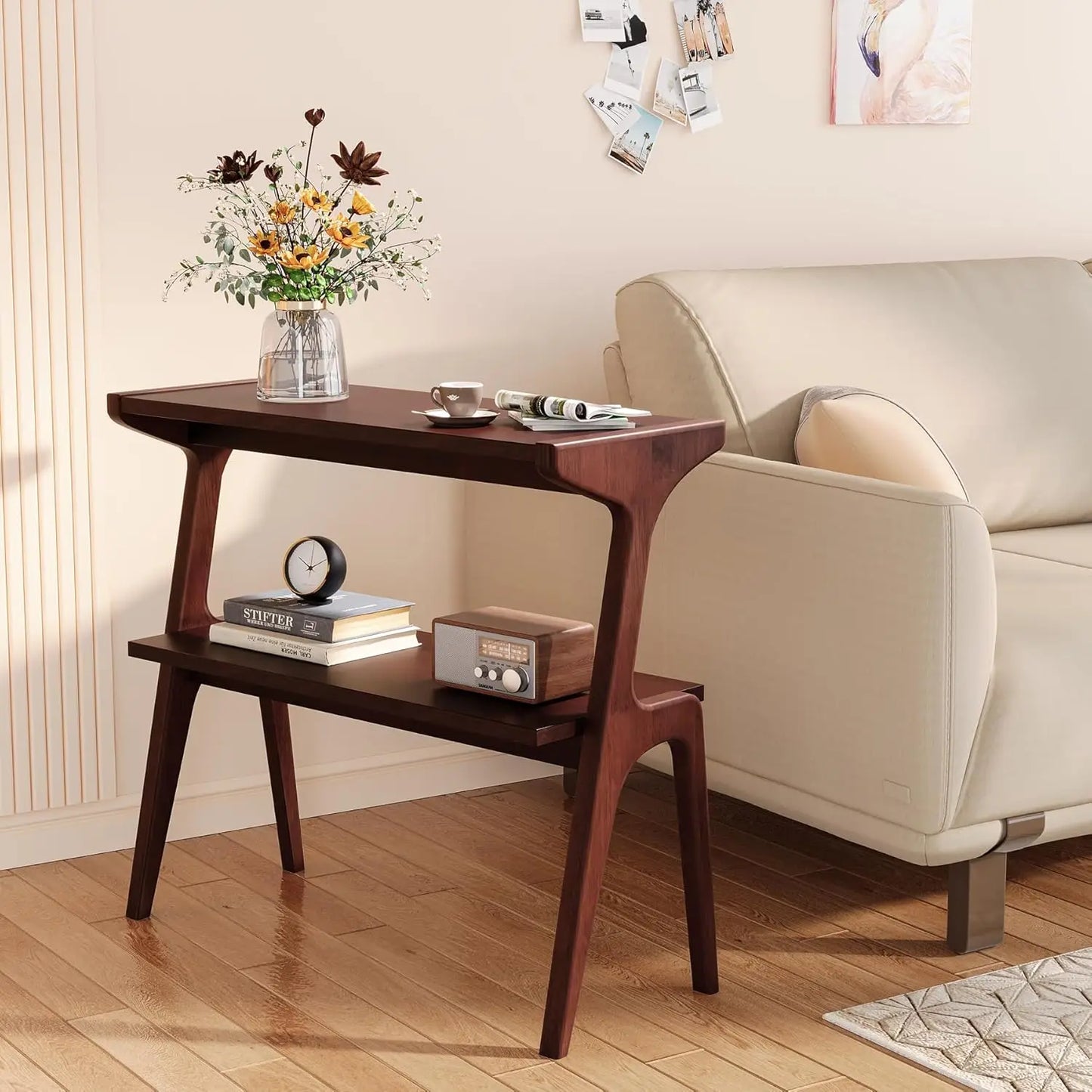 Solid Wood 2-Tier End Table with Storage Shelf, Slim Accent Bedside Sofa Side Table for Living Room Bedroom Small Space, Customi