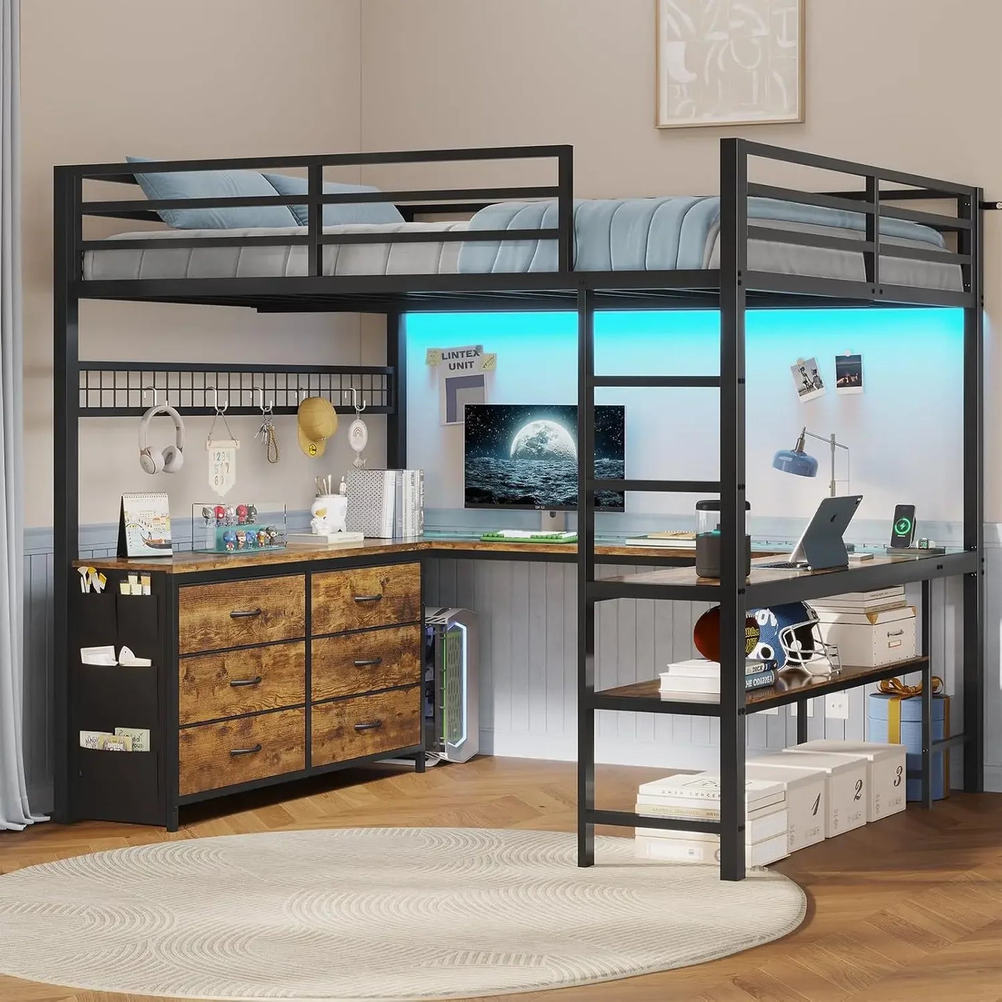 Loft Bed Full Size With U Shaped Desk And StorageSpace