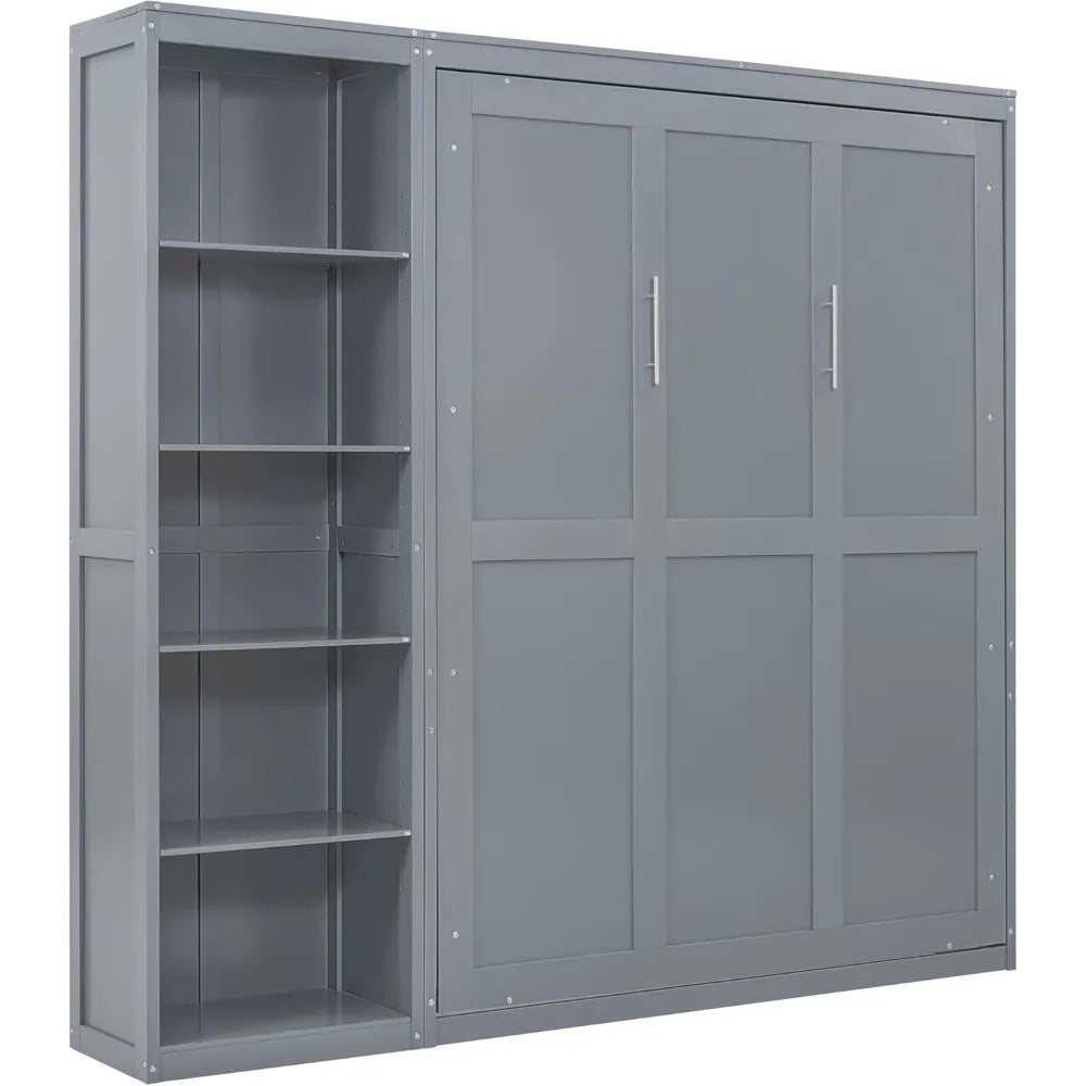 Queen Size Murphy Bed, Wooden Wall Bed with Shelves, Gray