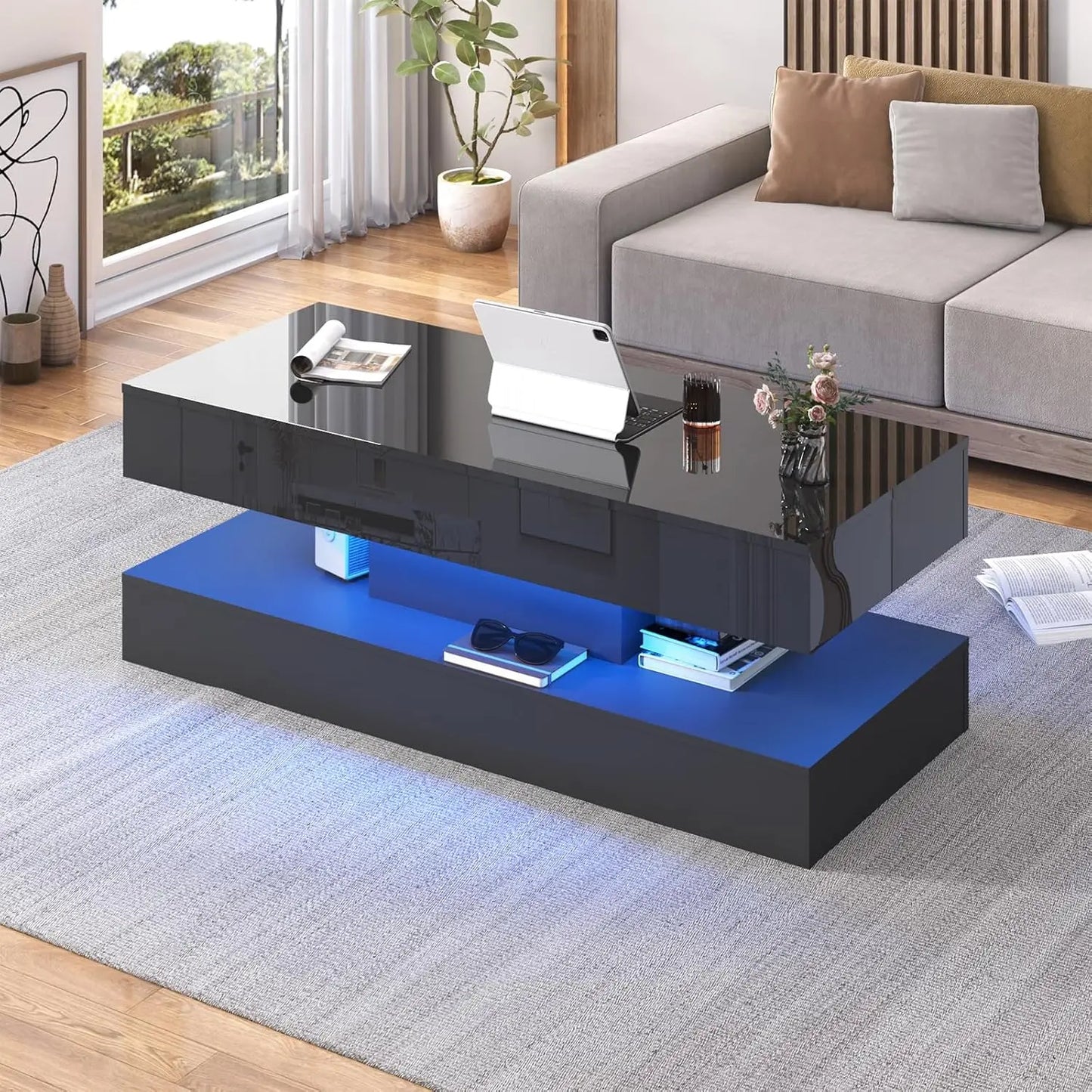 QiaoShiRen Modern Coffee Table With LED Lights And Dual Drawers
