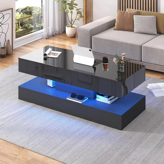 QiaoShiRen Modern Coffee Table With LED Lights And Dual Drawers