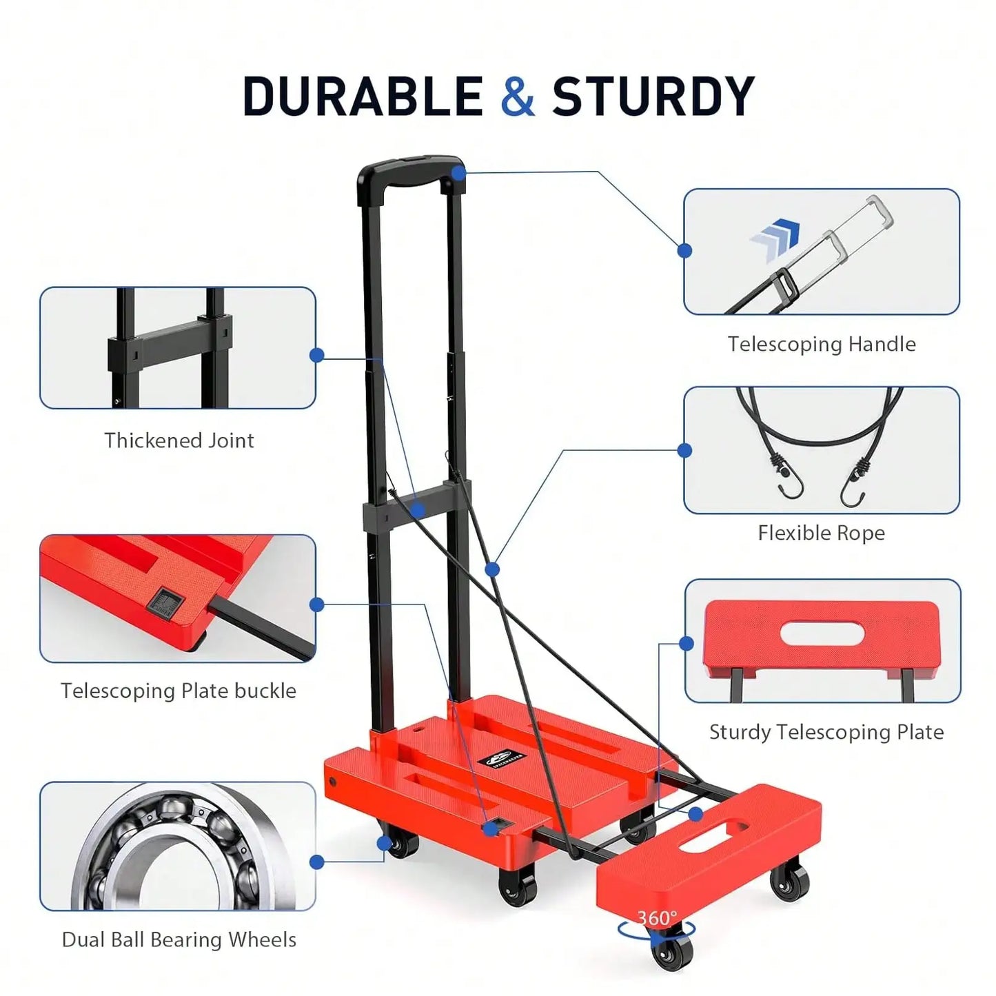 SPACEKEEPER Folding Hand Truck, 500 LB Heavy Duty Luggage Cart, Utility Dolly Platform Cart With 6 Wheels & 2 Elastic Ropes For