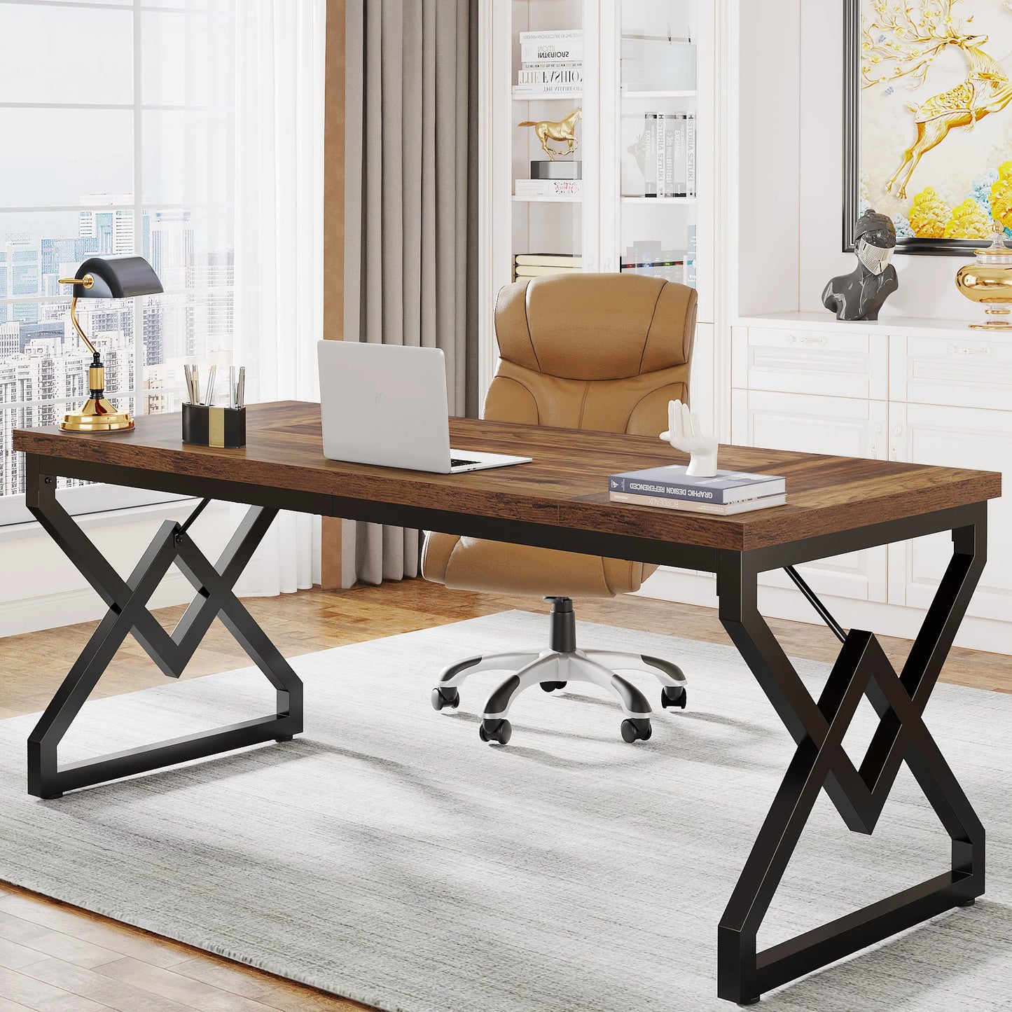 Tribesigns 63" Large Industrial Executive Desk with Extra Thickened Tabletop & Metal Frame, Heavy-Duty Home Office Desk