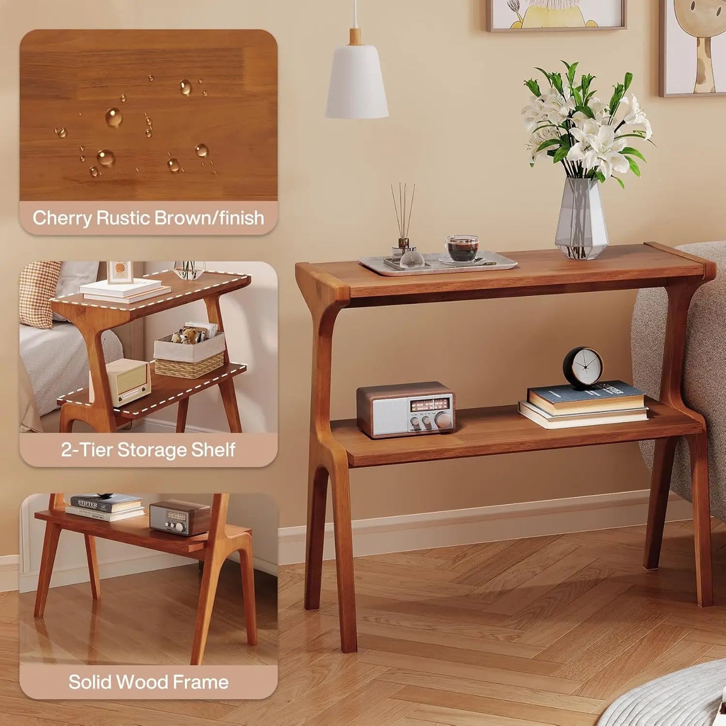 Solid Wood 2-Tier End Table with Storage Shelf, Slim Accent Bedside Sofa Side Table for Living Room Bedroom Small Space, Customi
