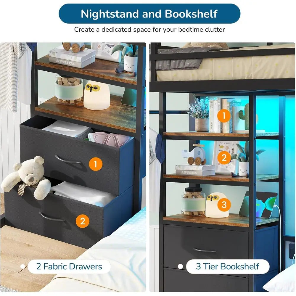 Full-Size Twin Bunk Bed with Storage Drawers, Bookshelf, LED Lights, Charging Station, Safety Rail, and Ladder