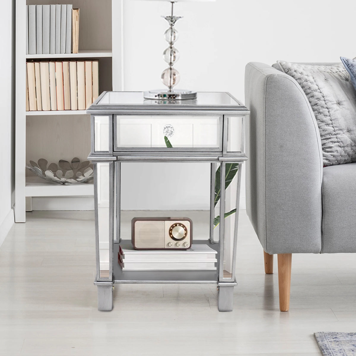 Mirrored Modern Nightstand Bedside Table With Drawer For Bedroom