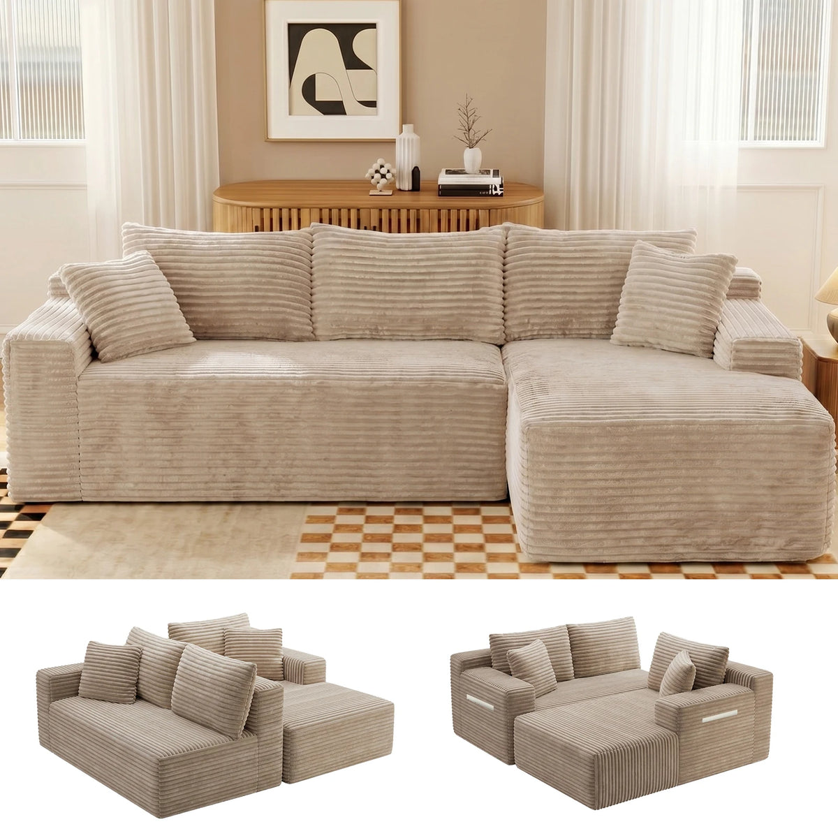 Corduroy Modular Sectional Sofa With Chaise For Living Room Furniture