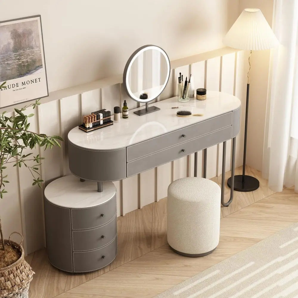 Jahnea VanityElegant Set Saddle LeatherFinished Top Vanity Table amp Stool, Stainless Steel Support, Reversible Installation, a