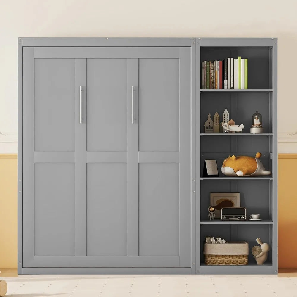 Queen Size Murphy Bed, Wooden Wall Bed with Shelves, Gray