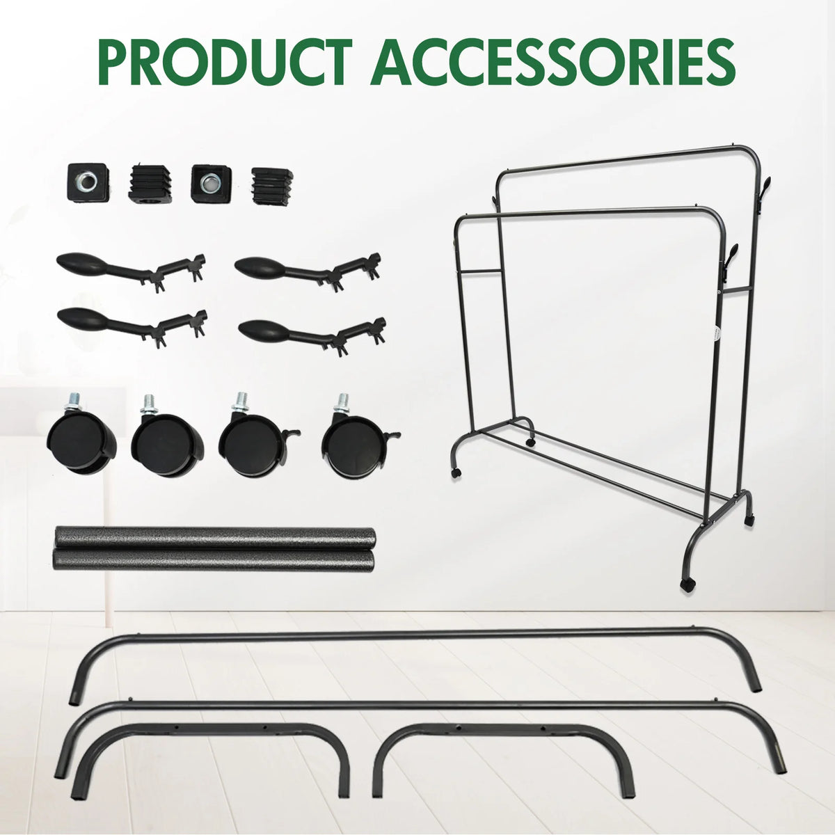 Double Clothes Rail Rack Garment Coat Rack Stand Metal Closet Rod Heavy Duty Floor-Standing with Side Hooks and Swivel Wheels