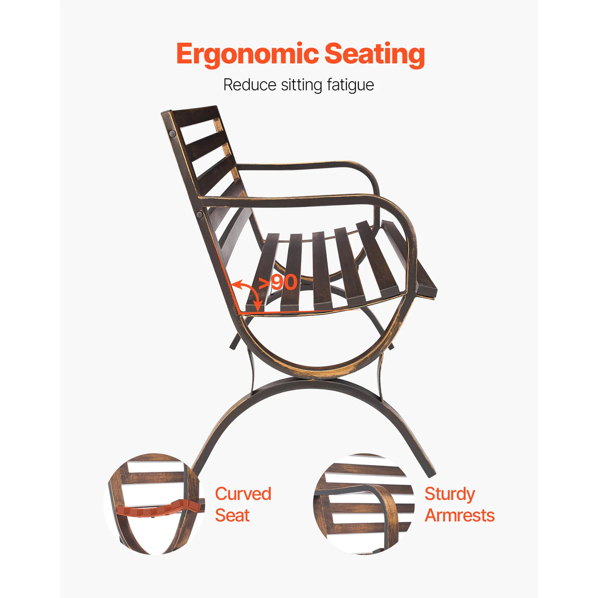 SucceBuy Outdoor Bench Carbon Steel Metal Frame with Backrest and Round Edge Armrests Weatherproof Outside Bench for Patio Park
