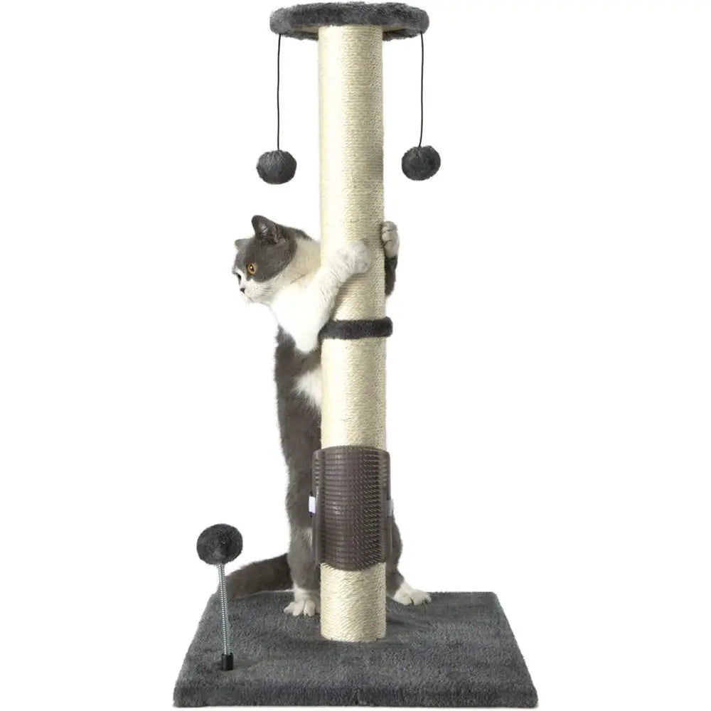 32 Tall Sisal Scratch Post with Hanging Ball and Self-Massage Brush for Indoor Cats and Kittens Gray 32inches