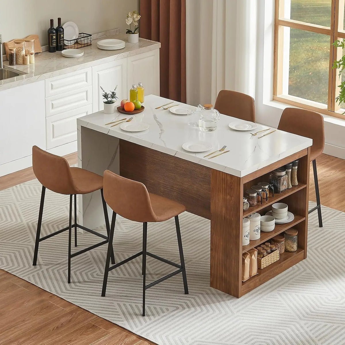 ONBRILL Modern Kitchen Island Table With Storage And LED Lighting