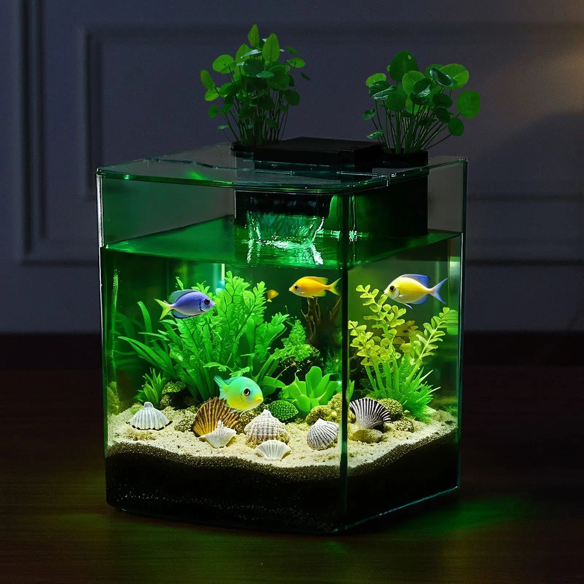 Fish Tank Aquarium, 2 Gallon Arch Ultra-Clear GPPS Starter Smart Tank Adjustable 3 Color Lighting, Self Cleaning System Fishbowl