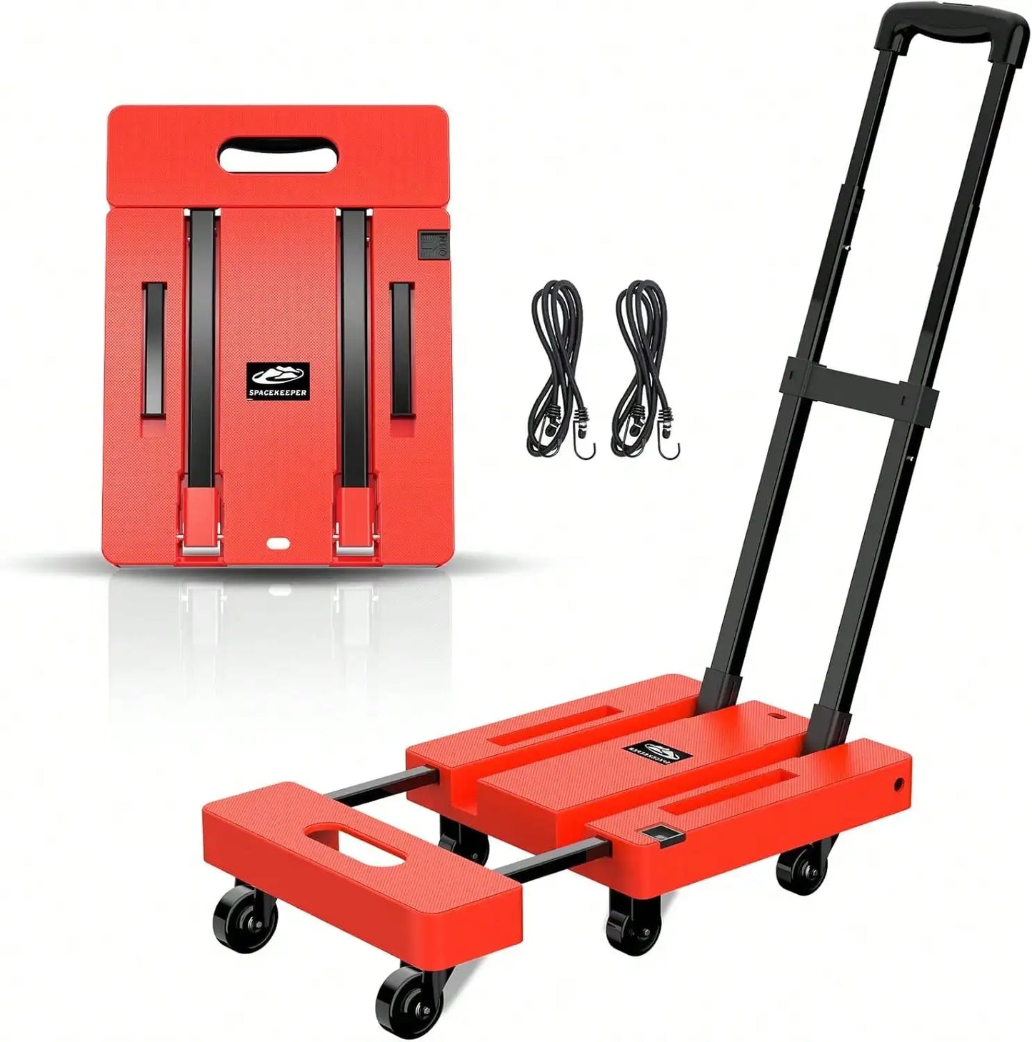 SPACEKEEPER Folding Hand Truck, 500 LB Heavy Duty Luggage Cart, Utility Dolly Platform Cart With 6 Wheels & 2 Elastic Ropes For