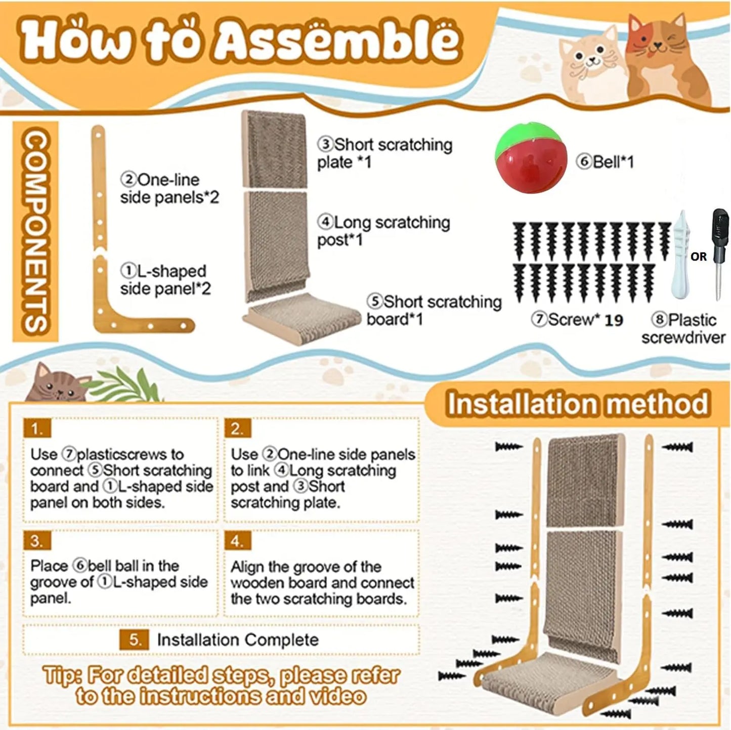 L Shaped Cat Scratcher 23.6 Inch Vertical Scratching Board Wall Mounted Durable Cardboard Scratch Pad with Ball Toy Protects