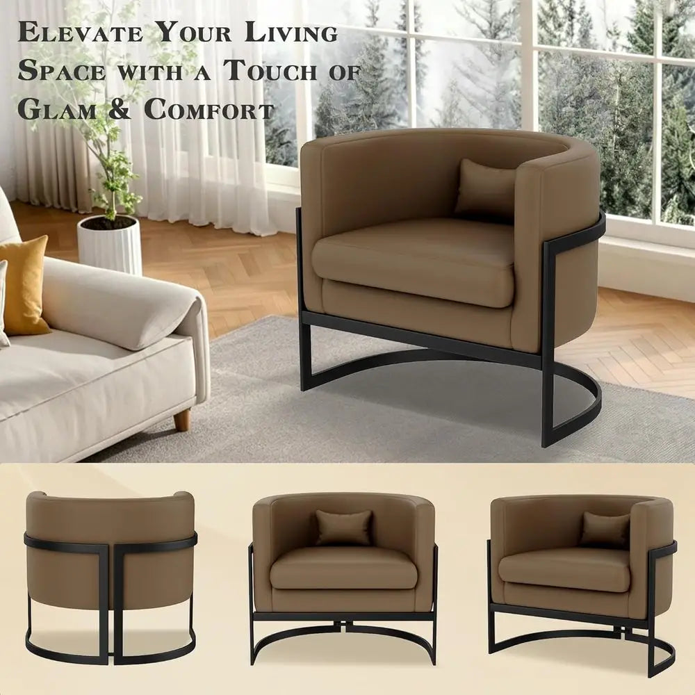 Faux Leather Barrel Accent Chair With Sturdy Metal Legs for Living Rooms