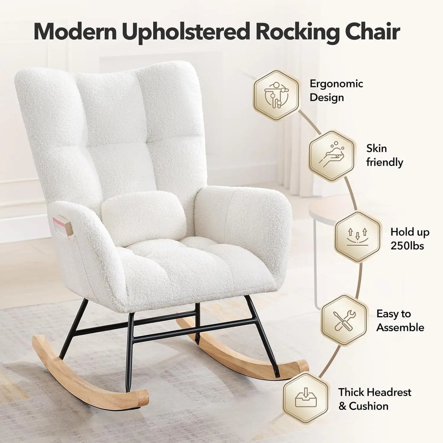Studyset Modern Upholstered Nursery Rocking Chair With Side Pocket