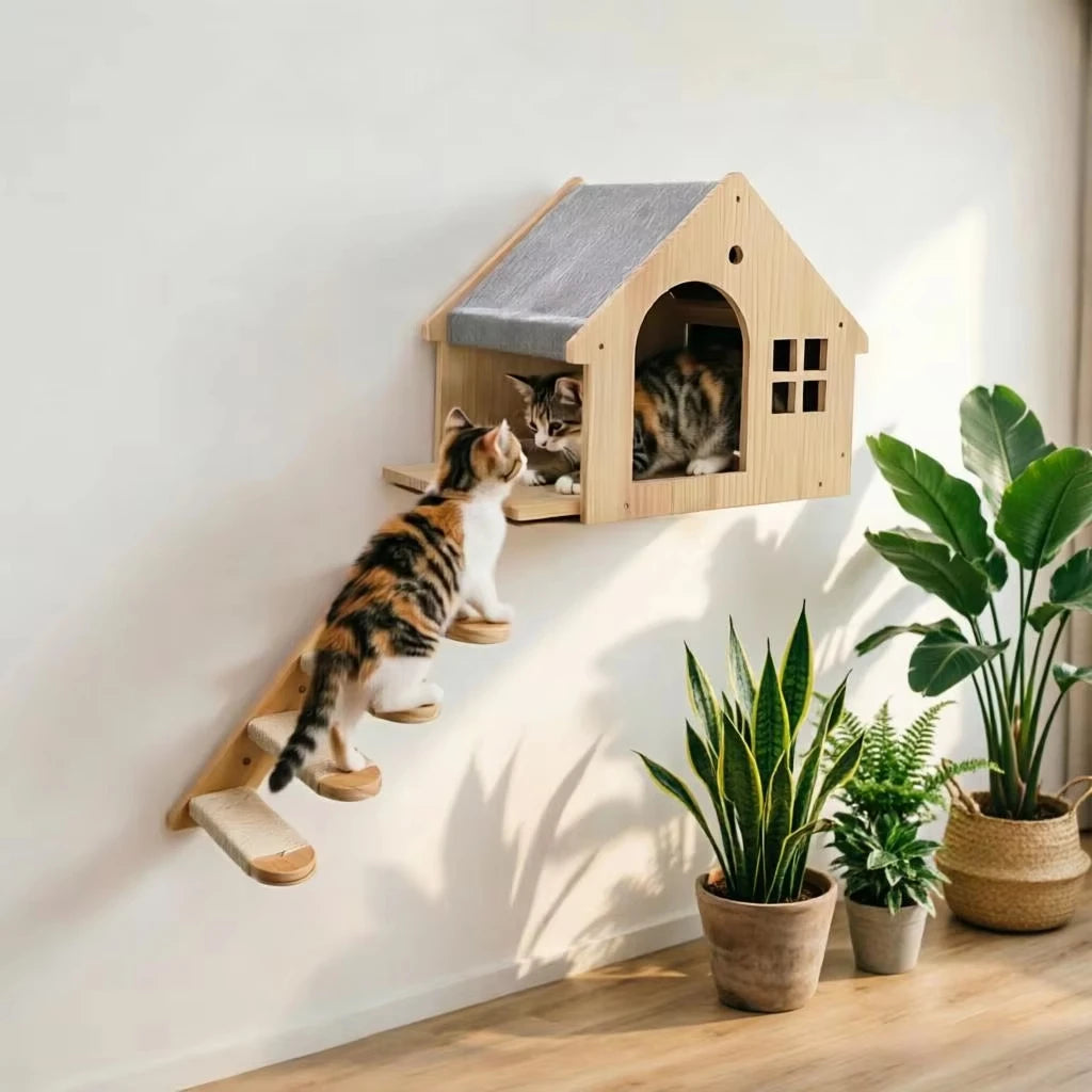 1pc Wall Mounted Cat Condo Villa Wooden Cats Climbing Floating Shelf Kitten House Wall Furniture for Sleeping and Resting