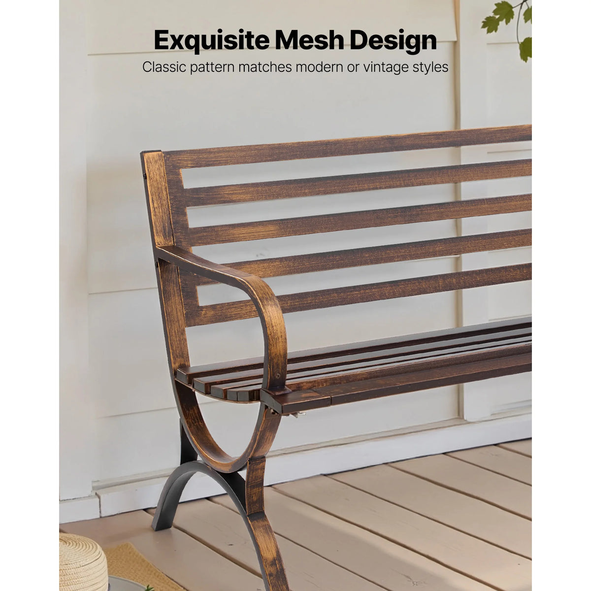 SucceBuy Outdoor Bench Carbon Steel Metal Frame with Backrest and Round Edge Armrests Weatherproof Outside Bench for Patio Park