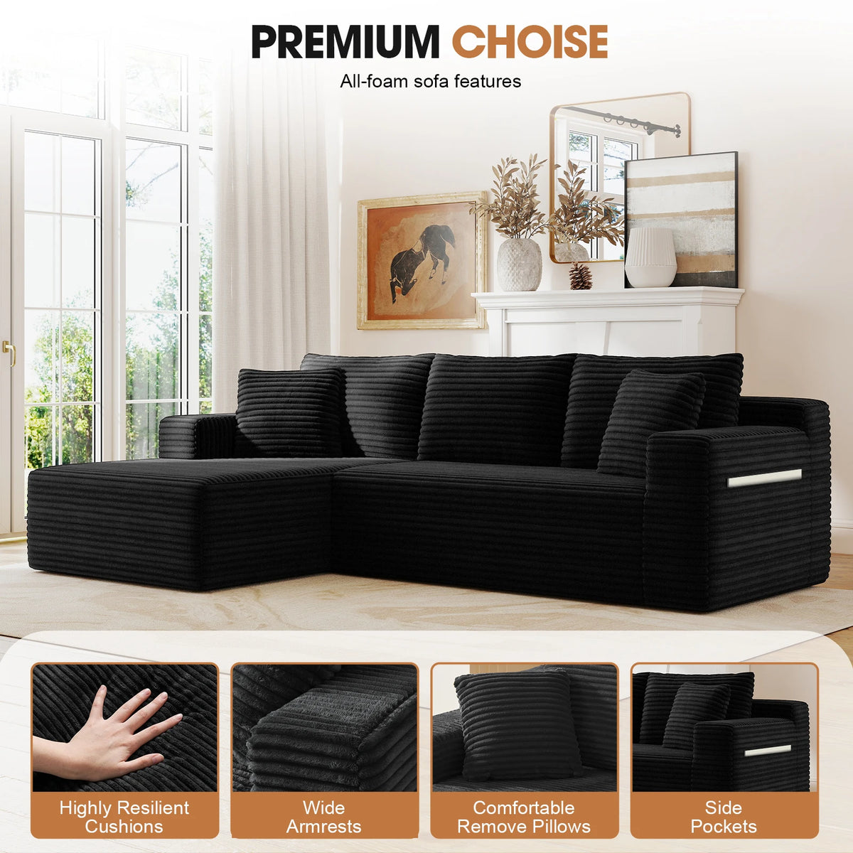 Corduroy Modular Sectional Sofa With Chaise For Living Room Furniture
