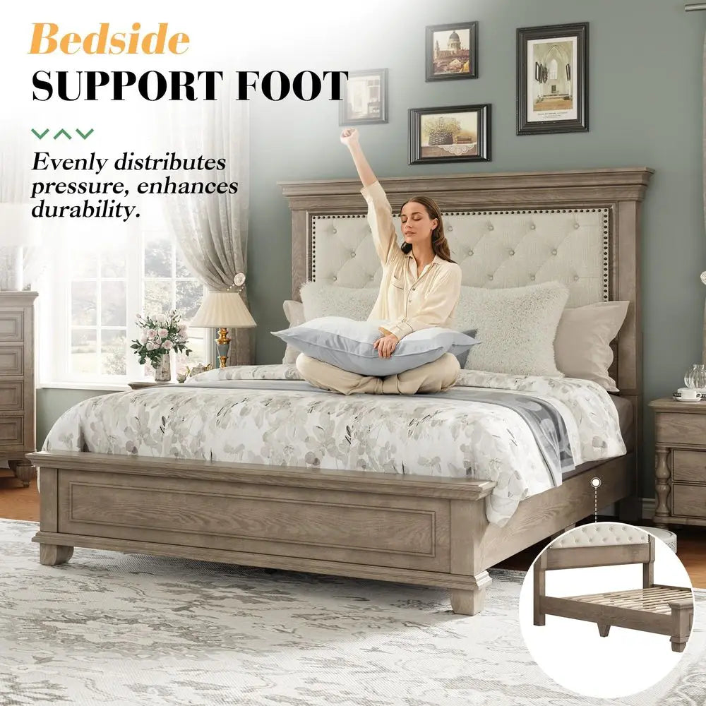Solid Pine Wood Queen Bed Frame with 69 High Upholstered Headboard, Transitional Style Platform Bed, No Box Spring Needed amp E
