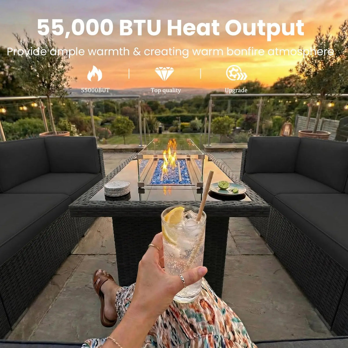 Modern Outdoor Wicker Sectional With Propane Fire Pit Coffee Table