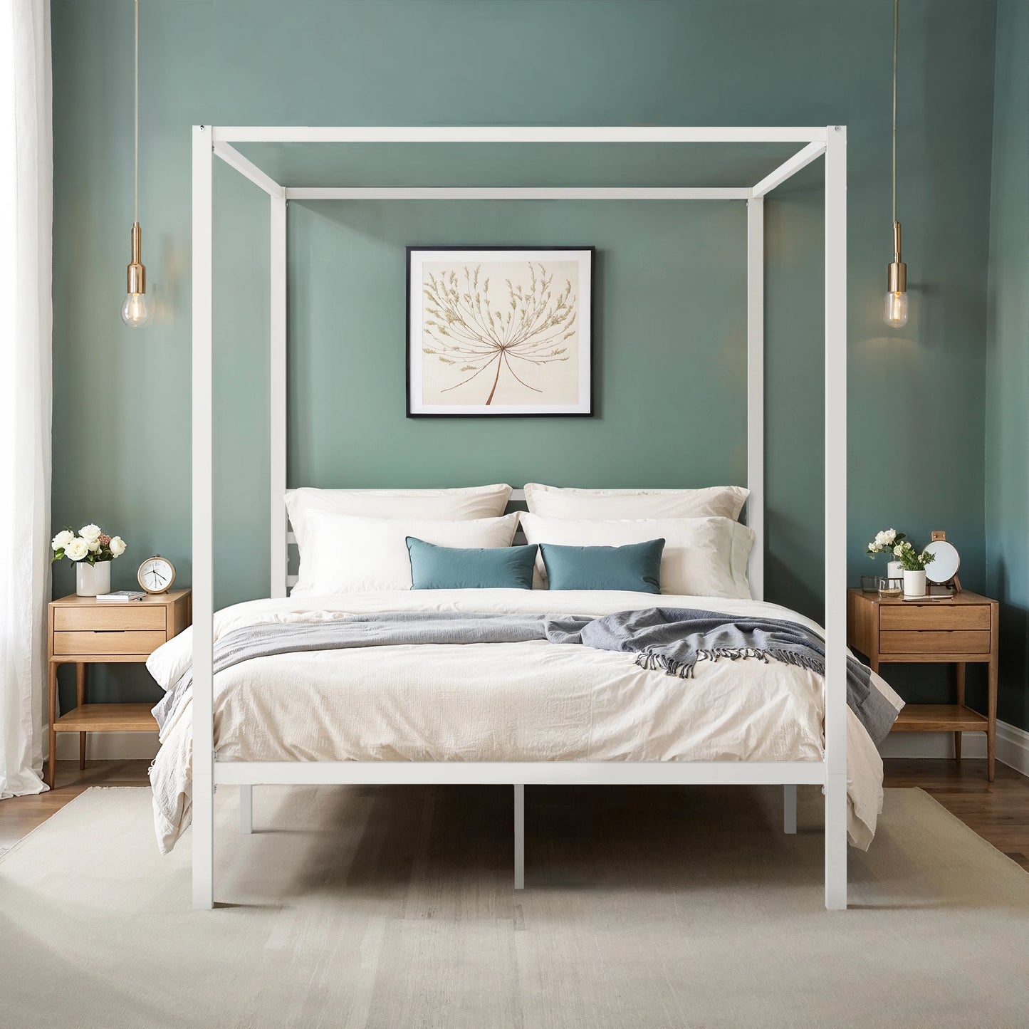 HOOMIC 4-Poster Metal Canopy Bed Frame with Built-In Headboard