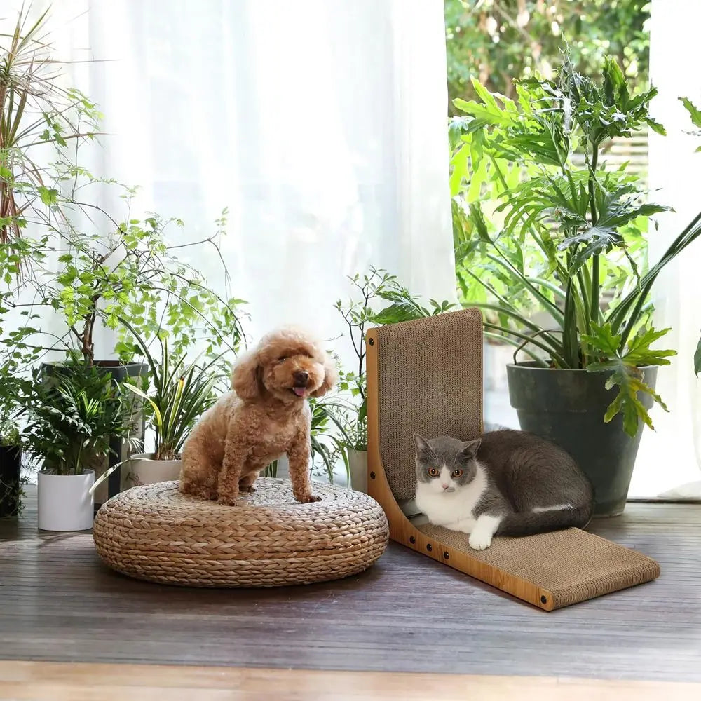 18.9 Inch L Shape Cat Scratch Pad, Veal Cat Scratcher Wall Mounted, Cat Scratching Cardboard with Ball Toy for Indoor Cats