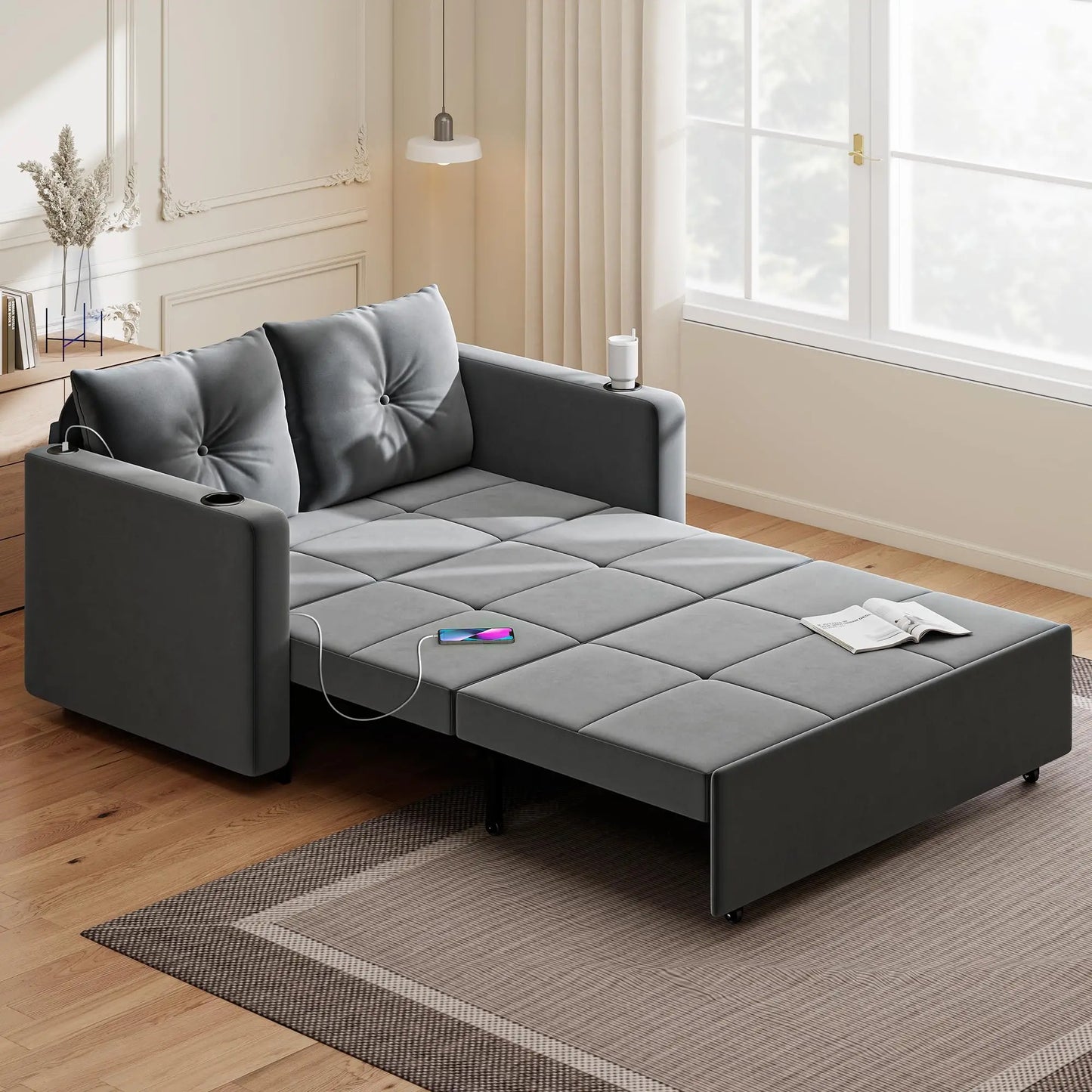 Krcix 3 In 1 Pull Out Sofa Velvet Convertible Loveseat