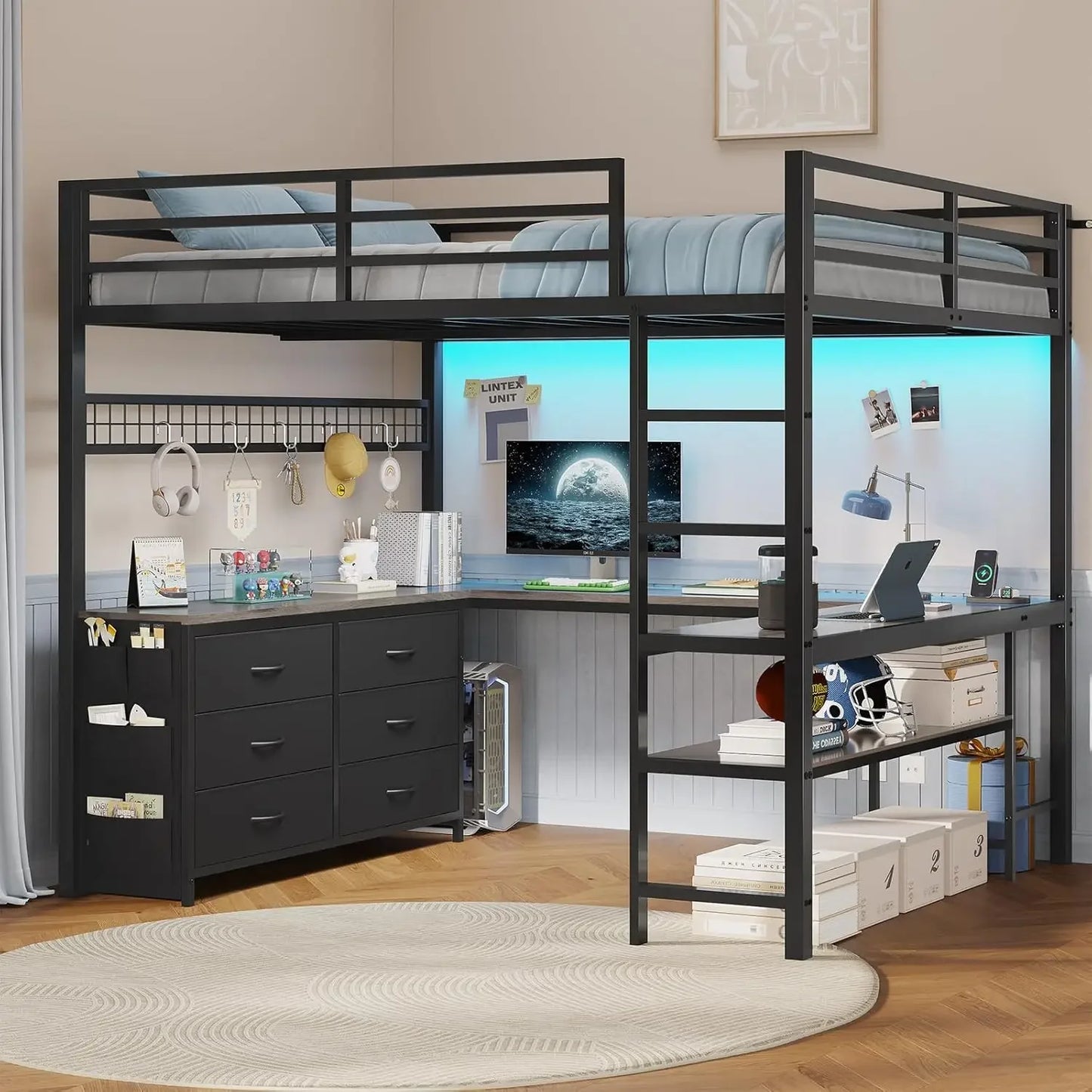Loft Bed Full Size With U Shaped Desk And StorageSpace