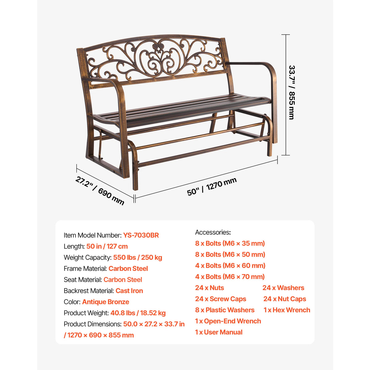 SucceBuy Outdoor Bench Carbon Steel Metal Frame with Backrest and Round Edge Armrests Weatherproof Outside Bench for Patio Park