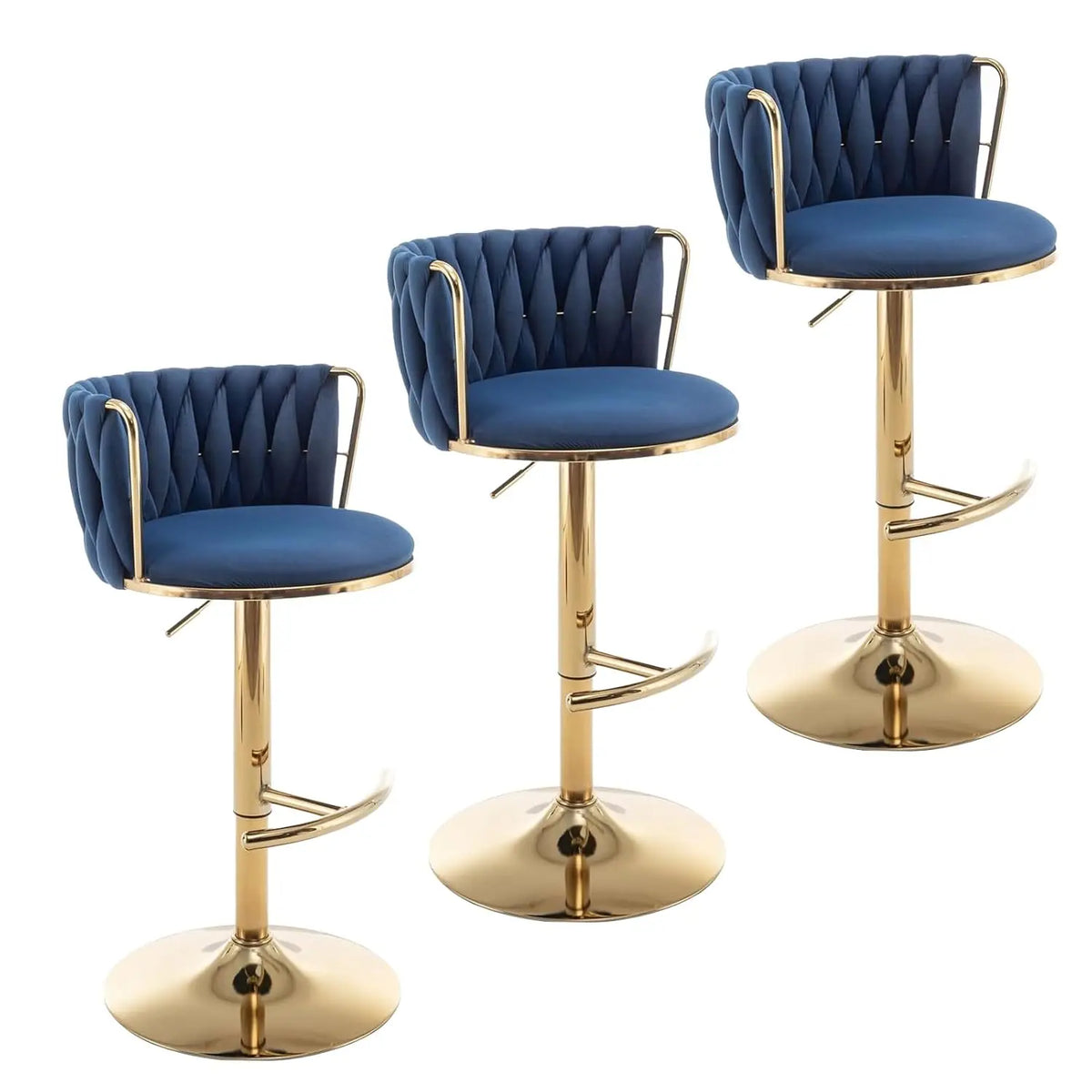 Mid Century Velvet Swivel Bar Stools With Woven Backrest and Support