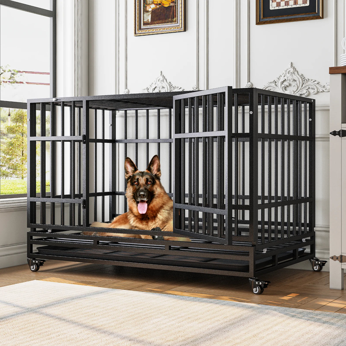 48" Heavy Duty Dog Crate, Escape-Proof Steel Cage for High Anxiety Dogs with Double Doors, Lockable Wheels & Removable Tray, Indoor Outdoor