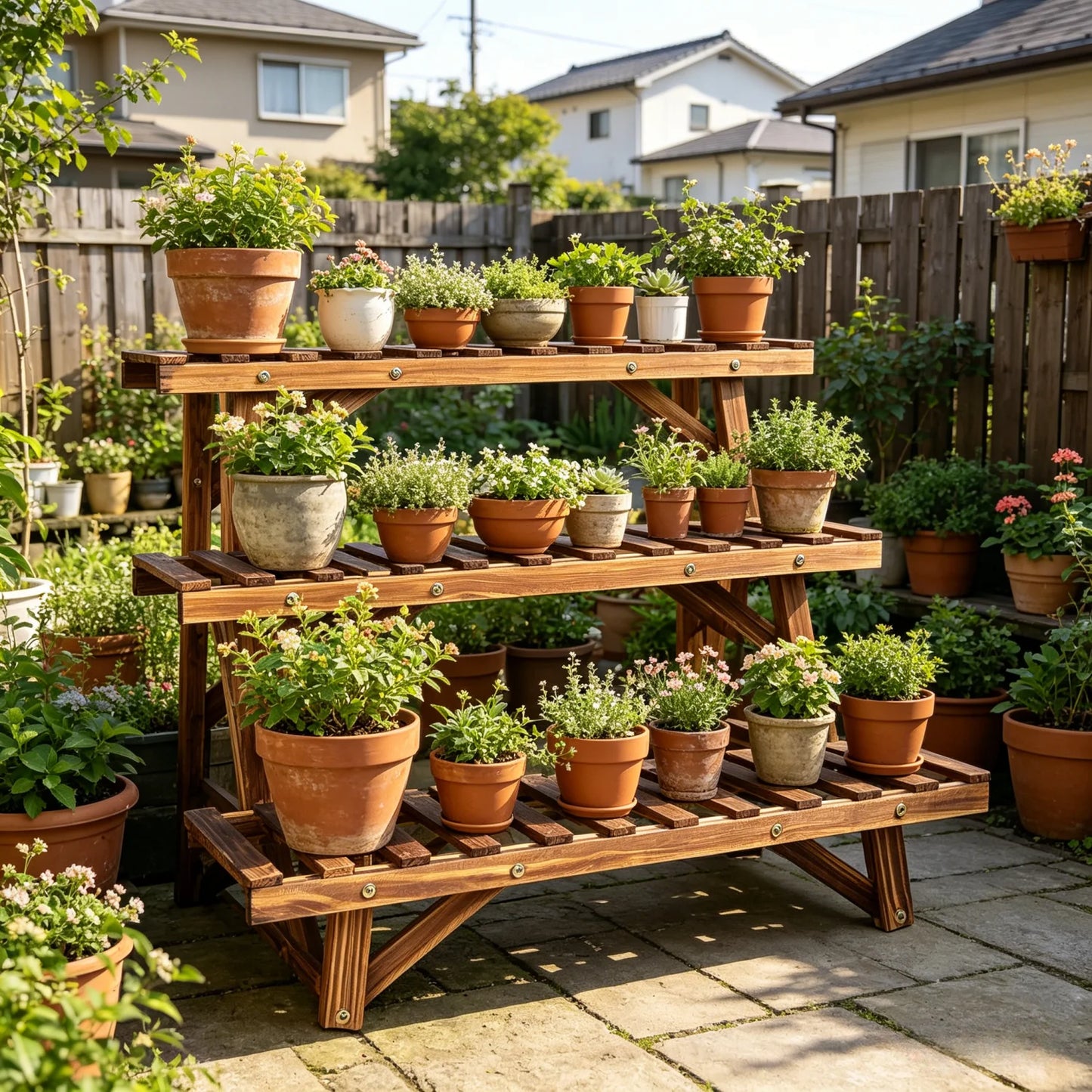 3 Tier Wood Plant Shelf For Balcony And Living Room