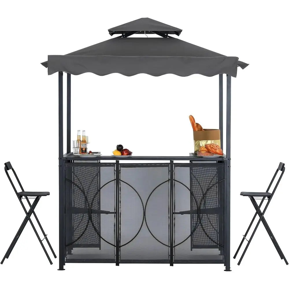 Grill Gazebo with Extra Awning - 6.4'x6.8' Outdoor BBQ with Bar Table and 2 oldable Chairs, Barbecue with LED Lights or Backyard