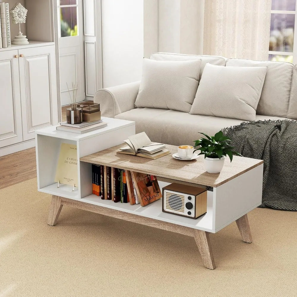 2-Tier Coffee Table with Storage, Mid Century Modern Center Table, Geometric Living Room Table for Small Space Apartment