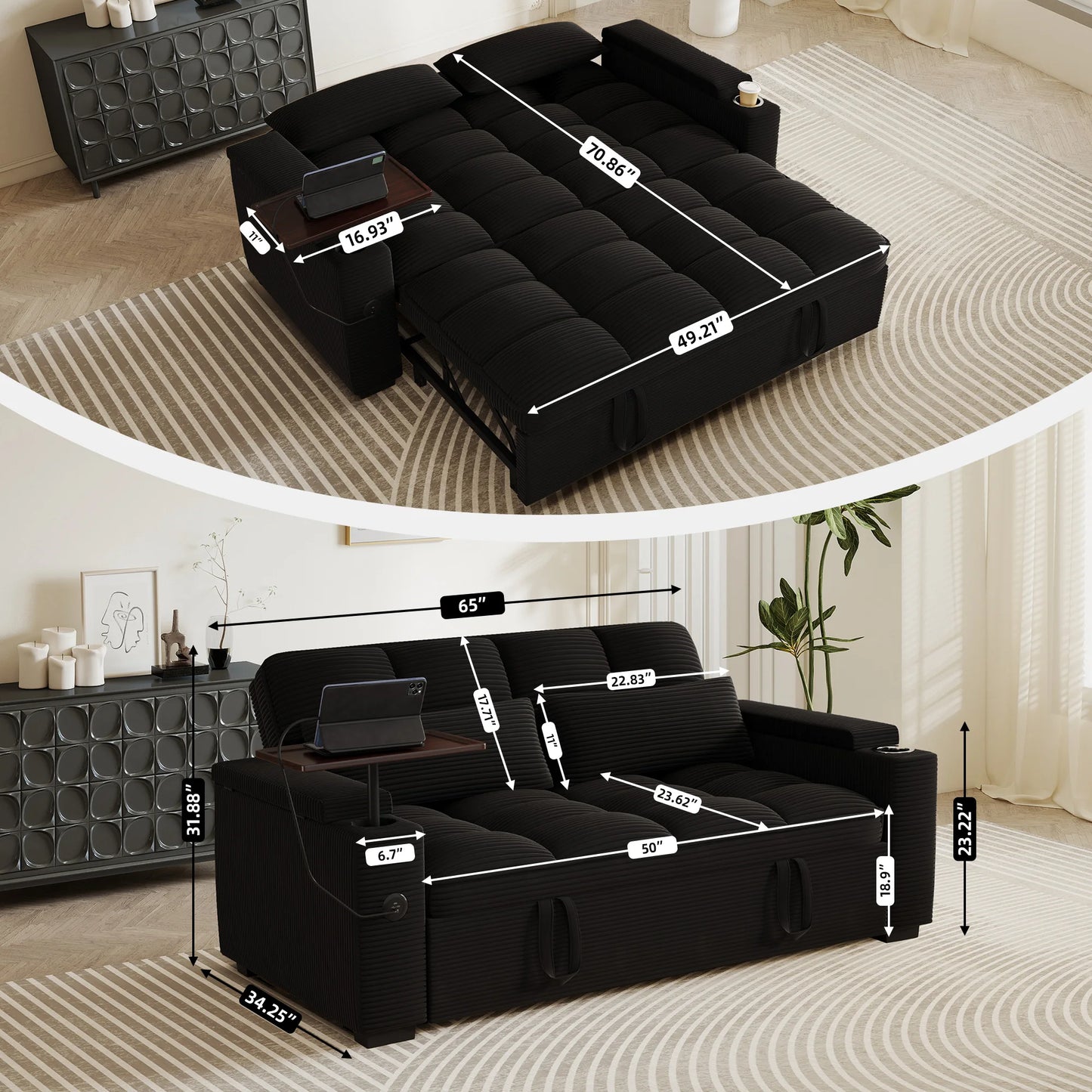 Convertible Folding Sofa Bed With Corduroy Fabric And USB Charging