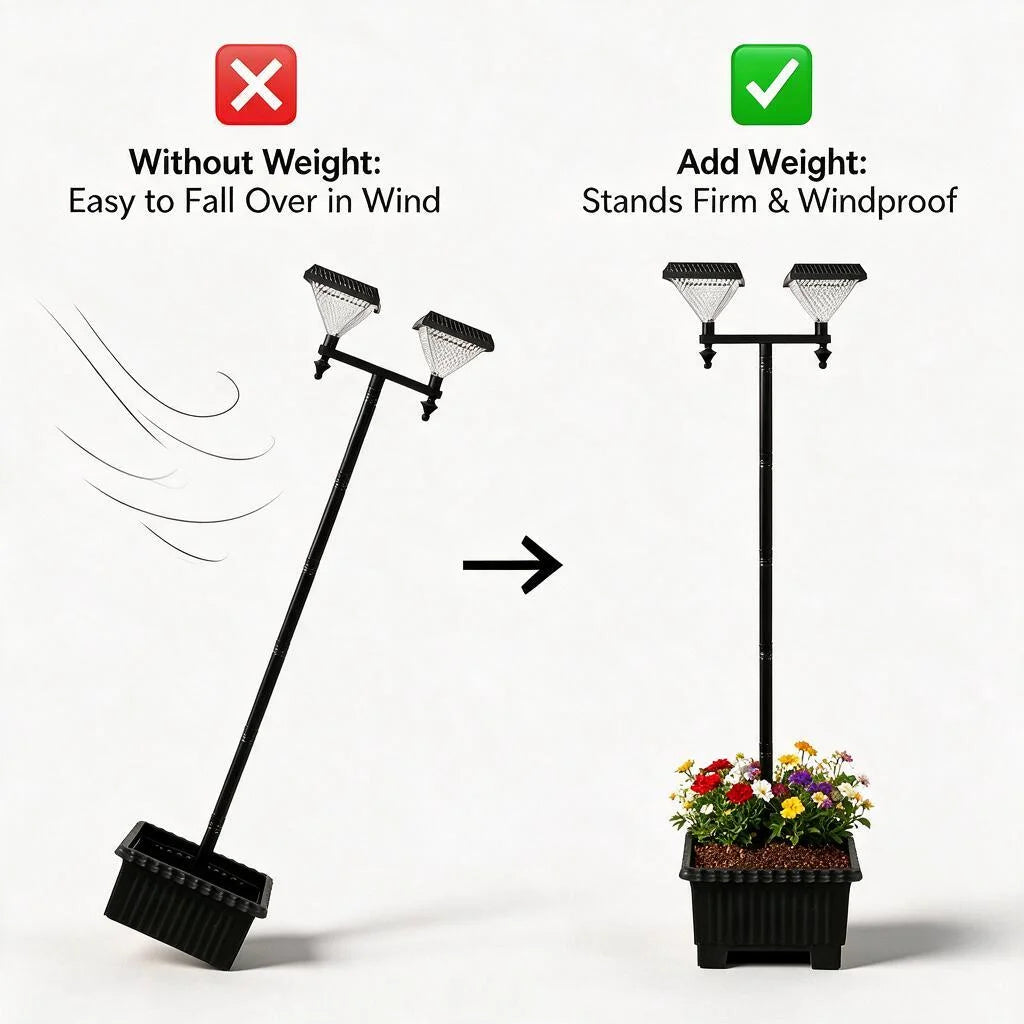Solar Street Lights Outdoor Double Head Solar Lamp Post with Planter Base 6 Adjustable Heights IP44 Waterproof LED Landscape Lighting Dusk to Dawn Auto On Off with Ground Stakes for Garden Yard Patio Pathway